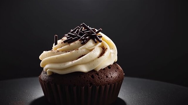 Cupcake au chocolat gourmand avec cr&egrave;me vanille et copeaux