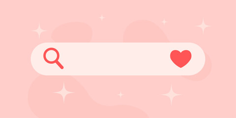 Valentine search bar illustration. Wide search interface form. Magnifying glass and heart result detail. Soft background blobs accent. Warm romantic discovery theme.