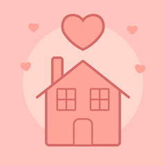 Valentine smart home illustration. Simple house icon form. Small heart above roof detail. Gentle signal glow accent. Warm romantic connected living theme.