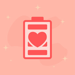 Valentine heart battery illustration. Large battery icon form. Full charge heart indicator detail. Minimal flat decoration. Warm love energy theme.