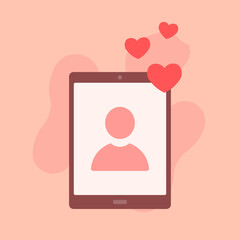 Valentine avatar reaction illustration. Tablet screen with simple avatar silhouette. Floating heart reaction detail. Soft abstract background shapes. Warm romantic interaction theme.