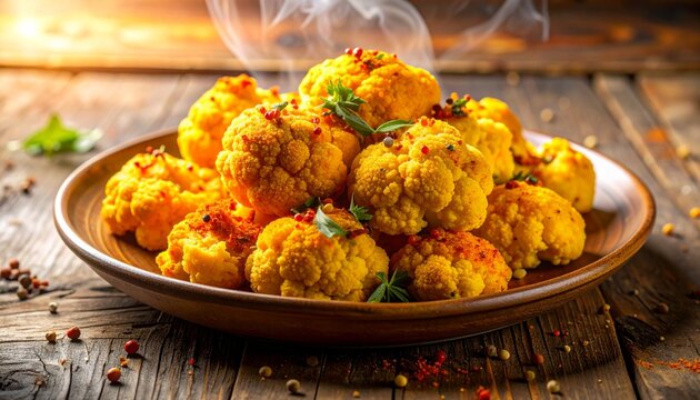 Steaming hot cooked cauliflower florets arranged artfully on a rustic ceramic plate, dusted with vibrant spices including paprika, turmeric, and cumin seeds, resting on an aged wooden farmhouse table 