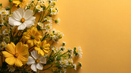 Vibrant Yellow and White Cosmos Flowers on Yellow Background