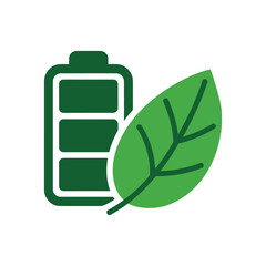 A vibrant green battery icon with three power bars showing full charge alongside a fresh healthy leaf representing ecofriendly renewable energy solutions