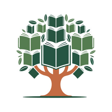 Conceptual illustration of an educational knowledge tree growing with books and leaves on a clean white background