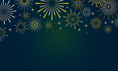 Festive fireworks. White gold firework on top border of blue background, festive Christmas and New Year celebration. Independence Day holiday cards, banners, party invites. Design. Vector illustration