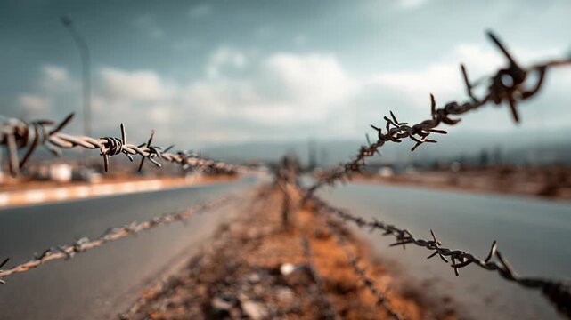 Barbed wire fence against cloudy sky