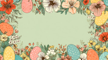 Vintage Easter Eggs and Flowers Border on Light Green