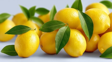 Naklejka premium A bunch of lemons with green leaves on top. The lemons are ripe and yellow, and the leaves are fresh and green. The lemons are arranged in a pile, with some of them overlapping each other