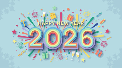 Happy New Year 2026 Celebration with Colorful Festive Decorations.