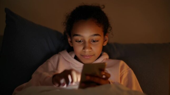 Brown zoomer - a school-aged girl in puberty - active using her gadget: swiping content online, chatting with pals and texting comments