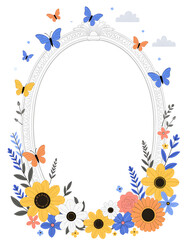 Oval ornate frame decorated with colorful butterflies and blooming flowers