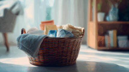 リビングの床に置かれたバスケットに日用品が収まり、整った暮らしを感じさせる穏やかな室内風景の水彩ポリゴン