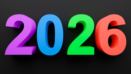 Modern Happy New Year 2026 background featuring multicolor 3D numerals, black studio backdrop, stylish digital celebration design.