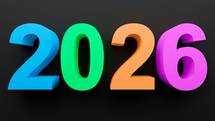 3D typography of New Year 2026, vibrant multicolored numerals on black background, luxury celebration concept with clean modern style.