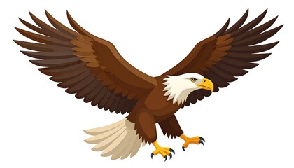 Obraz premium Cartoon eagle with brown feathers spreading its wings, isolated on white background, talons reaching