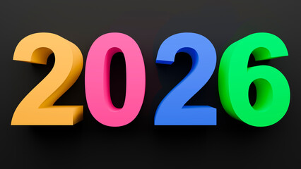 Festive 2026 New Year greeting, colorful 3D numbers glowing on dark background, minimal and elegant holiday render.
