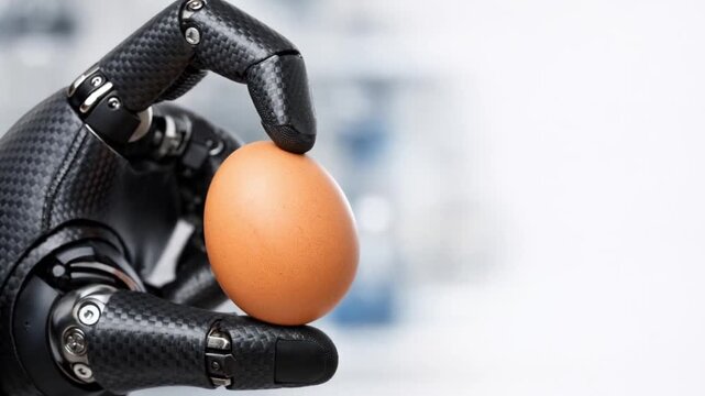 smart prosthetics biomechanics concept. Robot hand holding a brown egg against a blurred background.