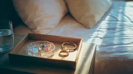ベッドサイドに置かれたジュエリートレイが、一日の始まりを静かに感じさせる寝室の情景