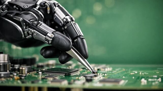smart prosthetics biomechanics concept. Robotic hand manipulating electronic components on a circuit board.