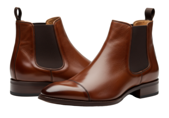 Elegant men's chelsea boots in cognac brown leather isolated on a white background, highlighting craftsmanship and texture. Concept for luxury footwear advertising