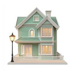 Obraz premium Green Suburban Home with White Trim and Street Lamp, 3D Rendering of a Residential House Model