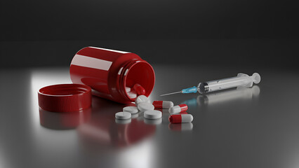 Pharmaceutical pills spilled from red bottle on a reflective surface — colorful tablet and capsule close-up

