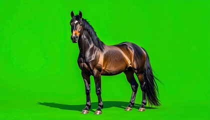 Stunning horse with glossy coat stands against a vibrant green backdrop
