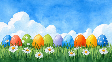 Watercolor Easter Eggs in Green Grass Under Blue Sky