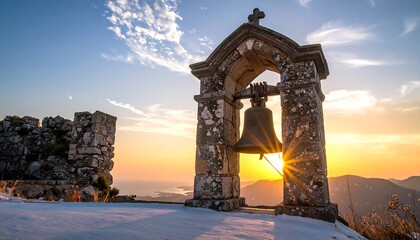 Stone bell tower with a cross stands on a snowy mountain overlooking the sea at sunset
