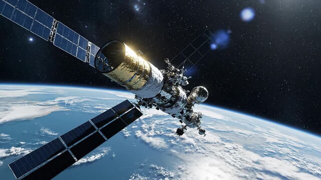 Satellite in orbit over earth in space