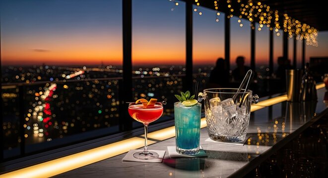 Two vibrant cocktails served on a luxurious marble rooftop bar counter overlooking a stunning illuminated city skyline at sunset.