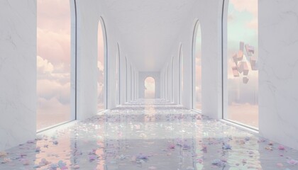 Long White Hallway with Water Floor and Floating Petals