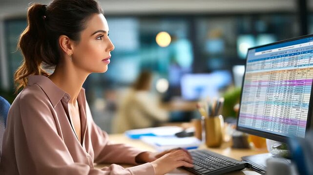 Female business analyst examining medical billing codes and detailed spreadsheet financial data on computer, healthcare administration, professional office workspace, defocused bac