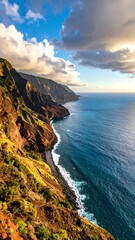 Fototapeta premium Serene coastal view with rugged cliffs meeting the turquoise sea under a partly cloudy sky at sunset