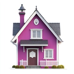 Colorful Pink House with White Trim and Picket Fence, Isolated on White Background