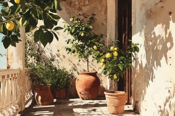 Mediterranean balcony with citrus pots and leaf shadows