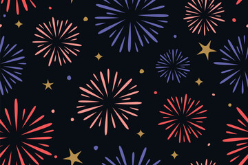 fireworks Seamless Pattern, festive night sky celebration background, perfect for New Year&rsquo;s Eve, holidays, festivals, party invitations- vector illustration