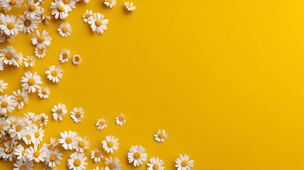 White daisies scattered on a bright yellow background