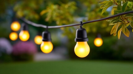 Soft yellow lights dangle on a string, casting a warm glow in a tranquil garden. The evening ambiance creates a cozy atmosphere, inviting relaxation under the stars