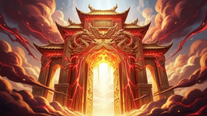 Fototapeta premium Glowing ornate temple gate revealing a celestial portal of radiant light.