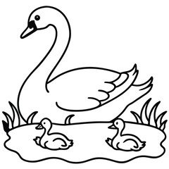 Graceful Swan with Cygnets Line Art