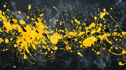 Yellow and Black Paint Splatter Abstract on Textured Surface