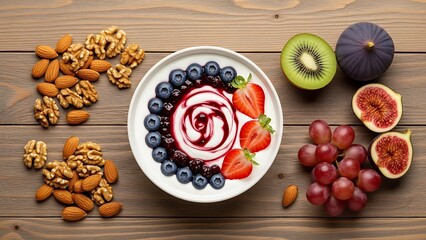 Delicious fruit and nut platter on wooden table for healthy snack