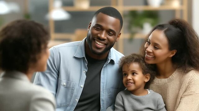 African American family participating in supportive child therapy session with professional psychologist, mental health counseling, caring family support, comfortable office settin