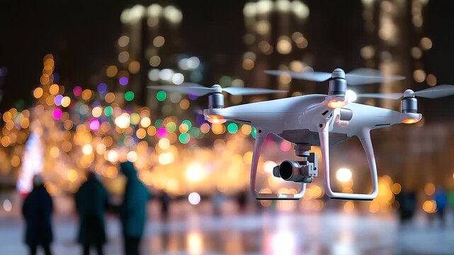 Autonomous quadcopter documenting winter fireworks over frozen lake, faceless people on ice watching, defocused Christmas celebration background, holiday pyrotechnic reflection, se