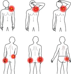 Human Body Pain Anatomy Illustration ,Medical Diagram Showing Joint, Muscle and Back Pain Symptoms Outline Vector