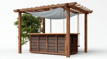 A wooden gazebo with a canopy and a swing hanging from it. The canopy is white and the swing is hanging from the roof. The gazebo is surrounded by trees and has a rustic feel