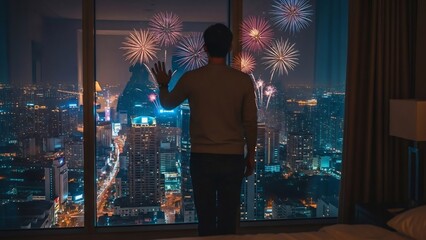 Man watches vibrant fireworks display over a bustling city skyline from a high-rise window at night.