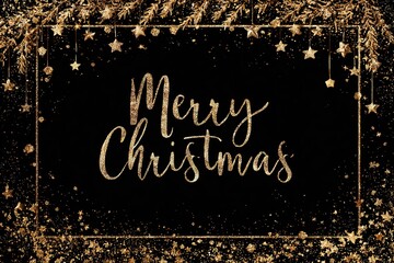 Festive gold glitter text saying Merry Christmas on a black background, surrounded by shimmering stars and decorative elements, creating a joyful holiday atmosphere
